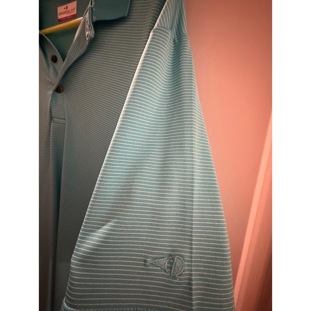Grand Slam Performance Mens Large Teal Blue Micro Stripe Short Sleeve Golf Polo - Picture 3 of 6